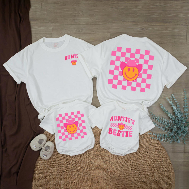 Retro Western Auntie and Bestie Matching Shirt with Smiley Face Pink Cowboy Hat and Checkerboard Design Baby and Toddler Gift Outfit