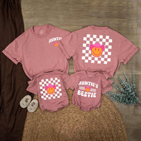 Retro Western Auntie and Bestie Matching Shirt with Smiley Face Pink Cowboy Hat and Checkerboard Design Baby and Toddler Gift Outfit