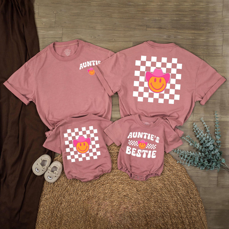 Retro Western Auntie and Bestie Matching Shirt with Smiley Face Pink Cowboy Hat and Checkerboard Design Baby and Toddler Gift Outfit