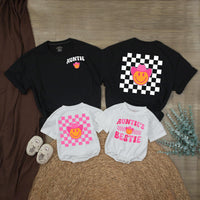 Retro Western Auntie and Bestie Matching Shirt with Smiley Face Pink Cowboy Hat and Checkerboard Design Baby and Toddler Gift Outfit