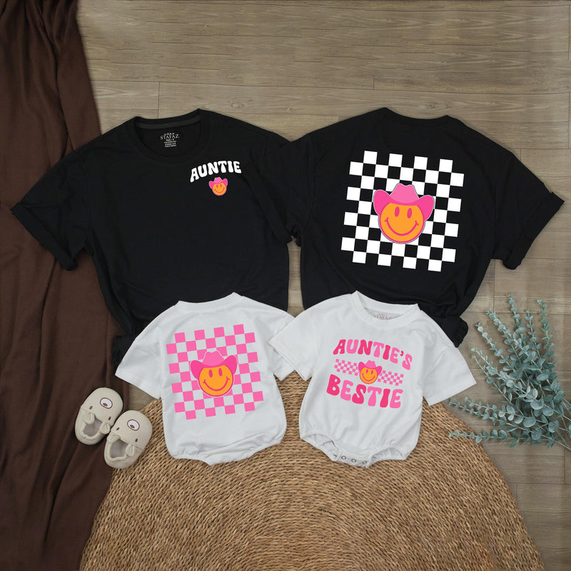 Retro Western Auntie and Bestie Matching Shirt with Smiley Face Pink Cowboy Hat and Checkerboard Design Baby and Toddler Gift Outfit