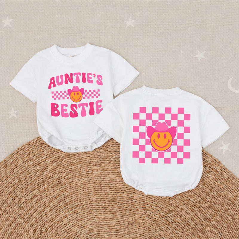 Retro Western Auntie and Bestie Matching Shirt with Smiley Face Pink Cowboy Hat and Checkerboard Design Baby and Toddler Gift Outfit