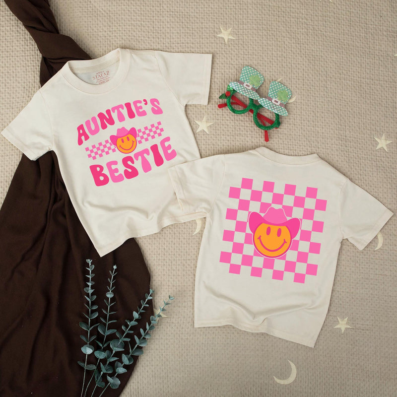 Retro Western Auntie and Bestie Matching Shirt with Smiley Face Pink Cowboy Hat and Checkerboard Design Baby and Toddler Gift Outfit