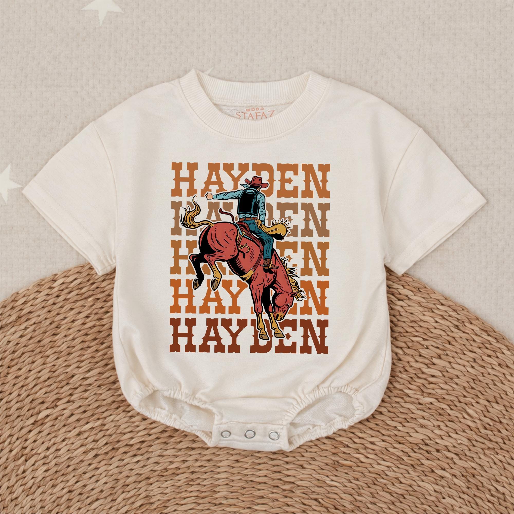 Retro Western Bucking Cowboy Baby Bubble Romper with Custom Name, Personalized Baby Shower Gift, Western Theme Infant Outfit