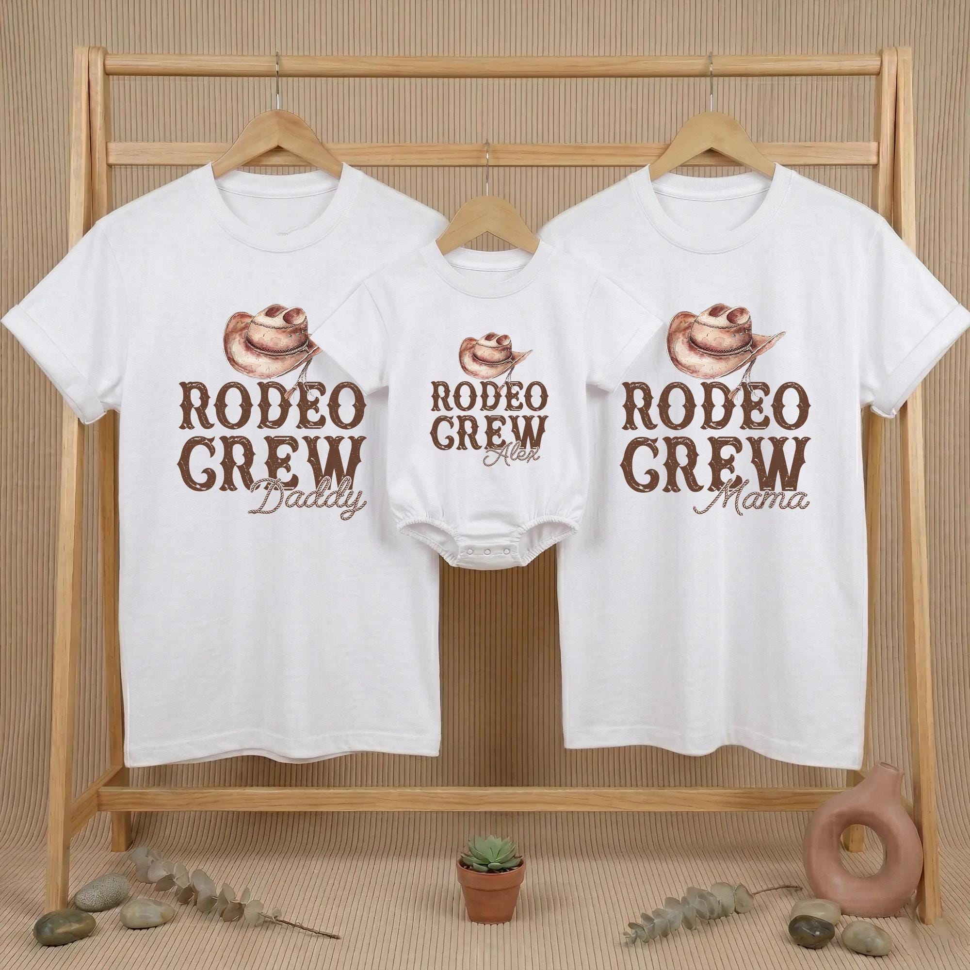 Rodeo Crew Matching Family Shirts with Custom Name, Western Cowboy Theme Daddy, Mama, and Baby Outfits for First Birthday