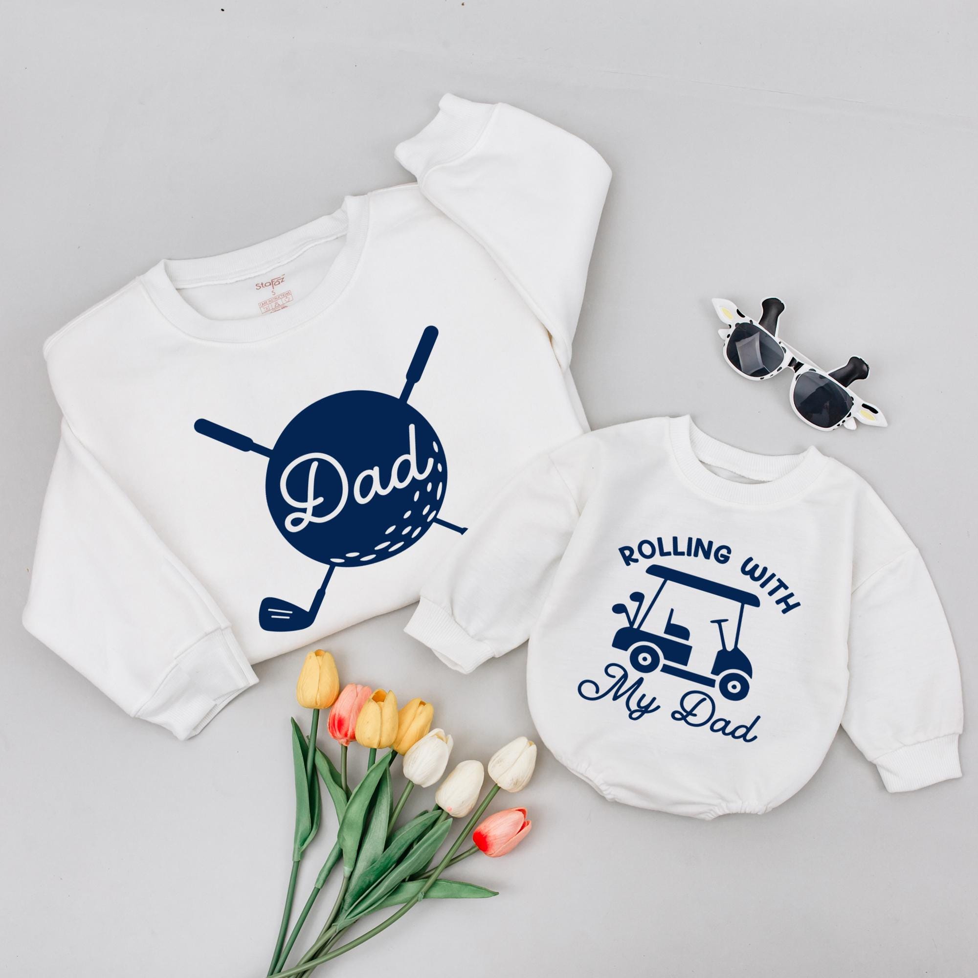 Rolling With My Dad Baby Romper and Golf Ball Dad Shirt, Matching Father Son Outfits for Father's Day or Family Photos