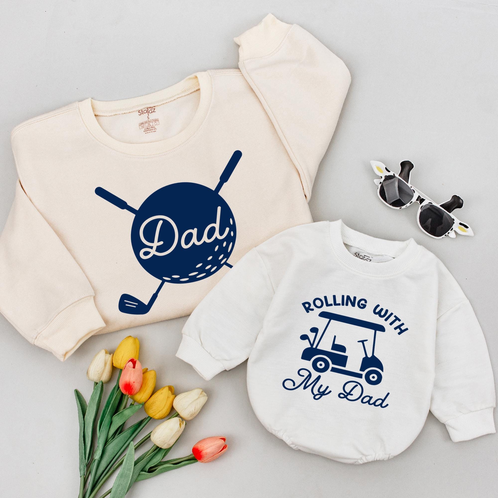 Rolling With My Dad Baby Romper and Golf Ball Dad Shirt, Matching Father Son Outfits for Father's Day or Family Photos