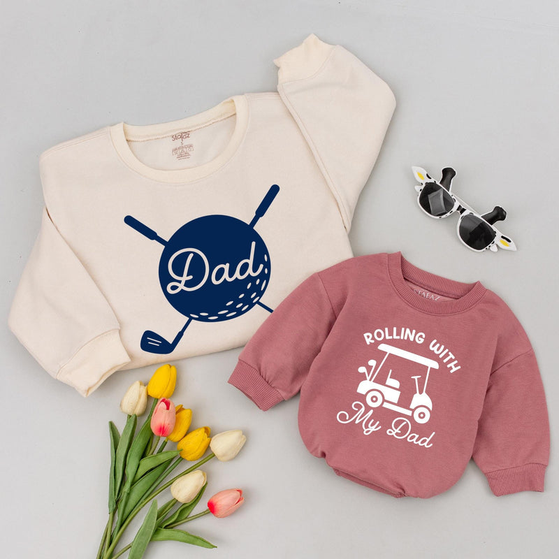 Rolling With My Dad Baby Romper and Golf Ball Dad Shirt, Matching Father Son Outfits for Father's Day or Family Photos