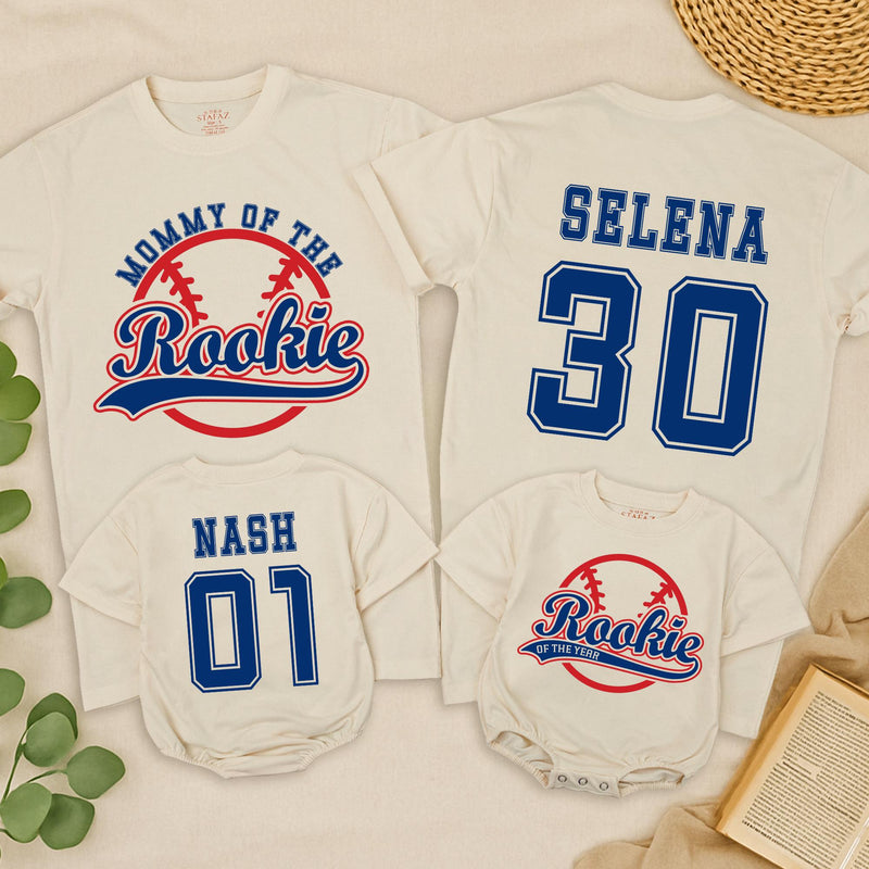 Rookie Baseball Birthday Shirt for Boys with Custom Name and Number, Family Matching Vintage Tee, First Birthday Party Outfit, Blue and Red
