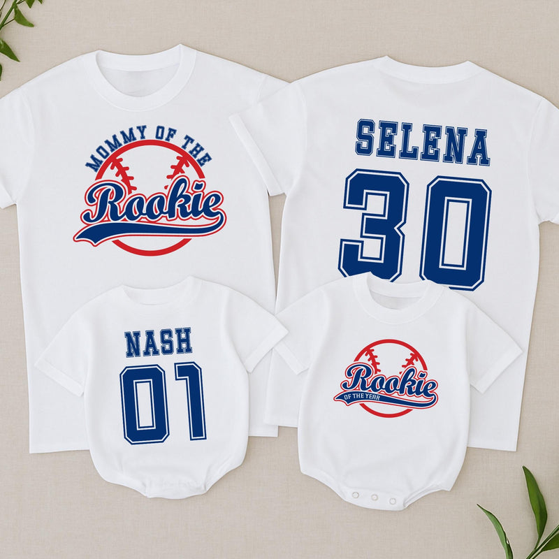 Rookie Baseball Birthday Shirt for Boys with Custom Name and Number, Family Matching Vintage Tee, First Birthday Party Outfit, Blue and Red