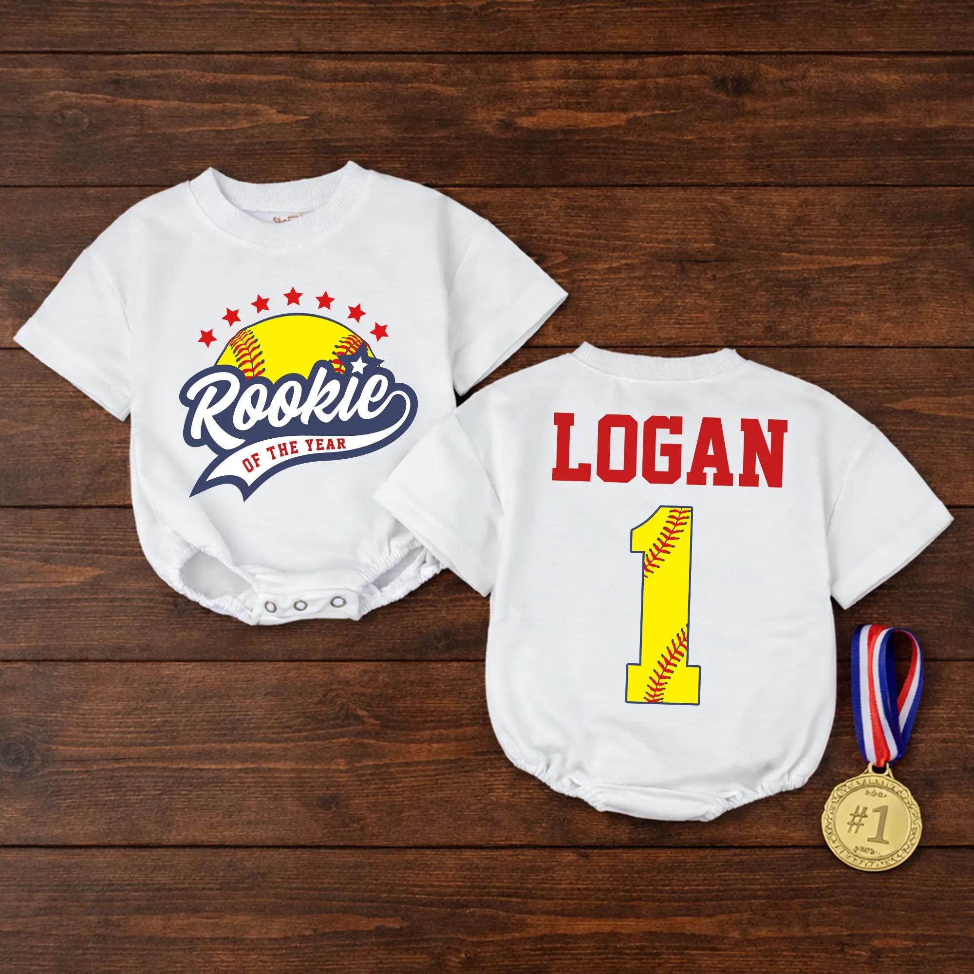 Rookie of the Year Baby Romper with Baseball Graphic and Custom Name, First Birthday Sports Outfit, Game Day Infant Gift