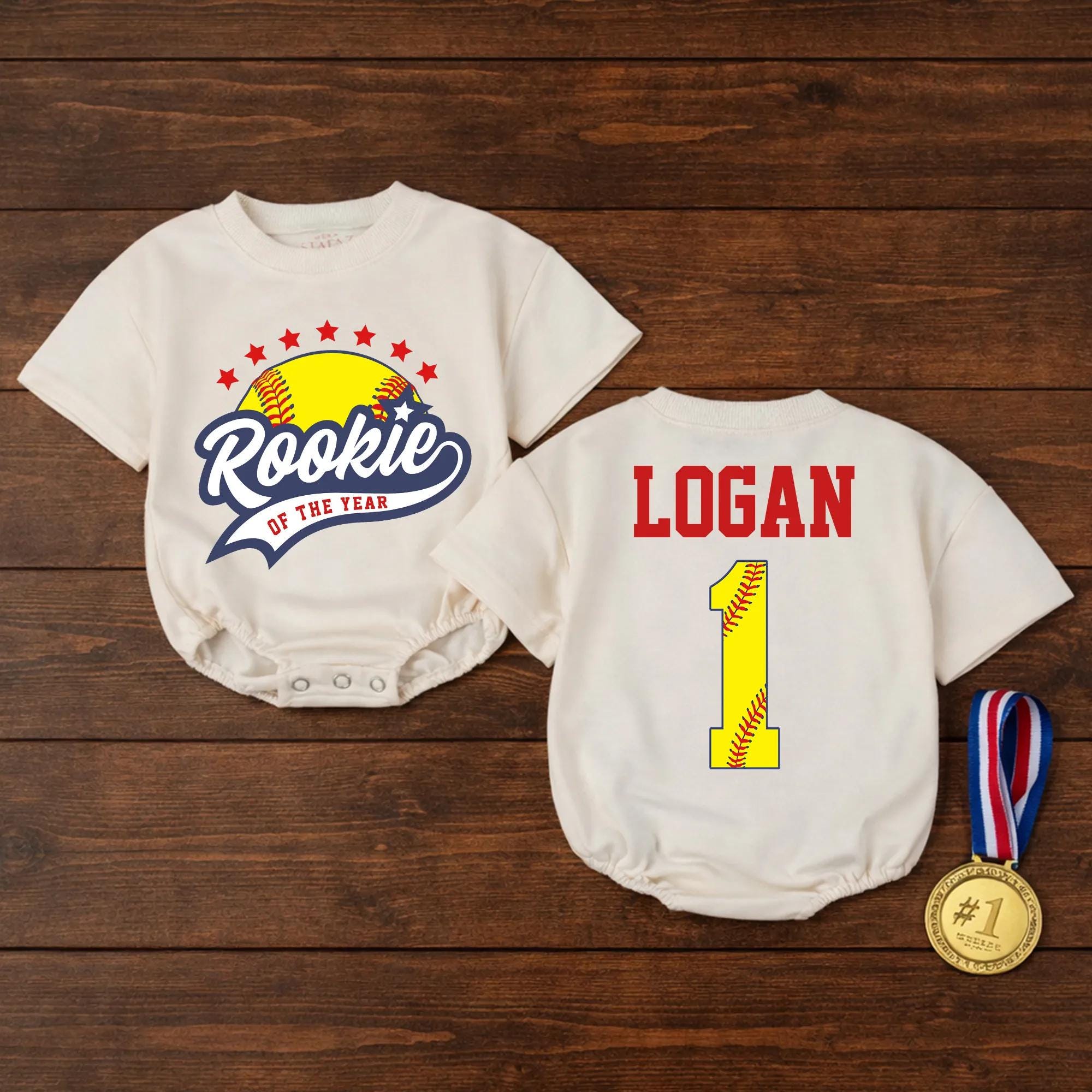 Rookie of the Year Baby Romper with Baseball Graphic and Custom Name, First Birthday Sports Outfit, Game Day Infant Gift