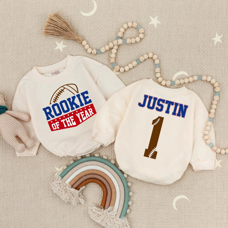 Rookie Of The Year Baby Romper Football Theme 1st Birthday Outfit Personalized Sports Design Cotton Soft Toddler Gift