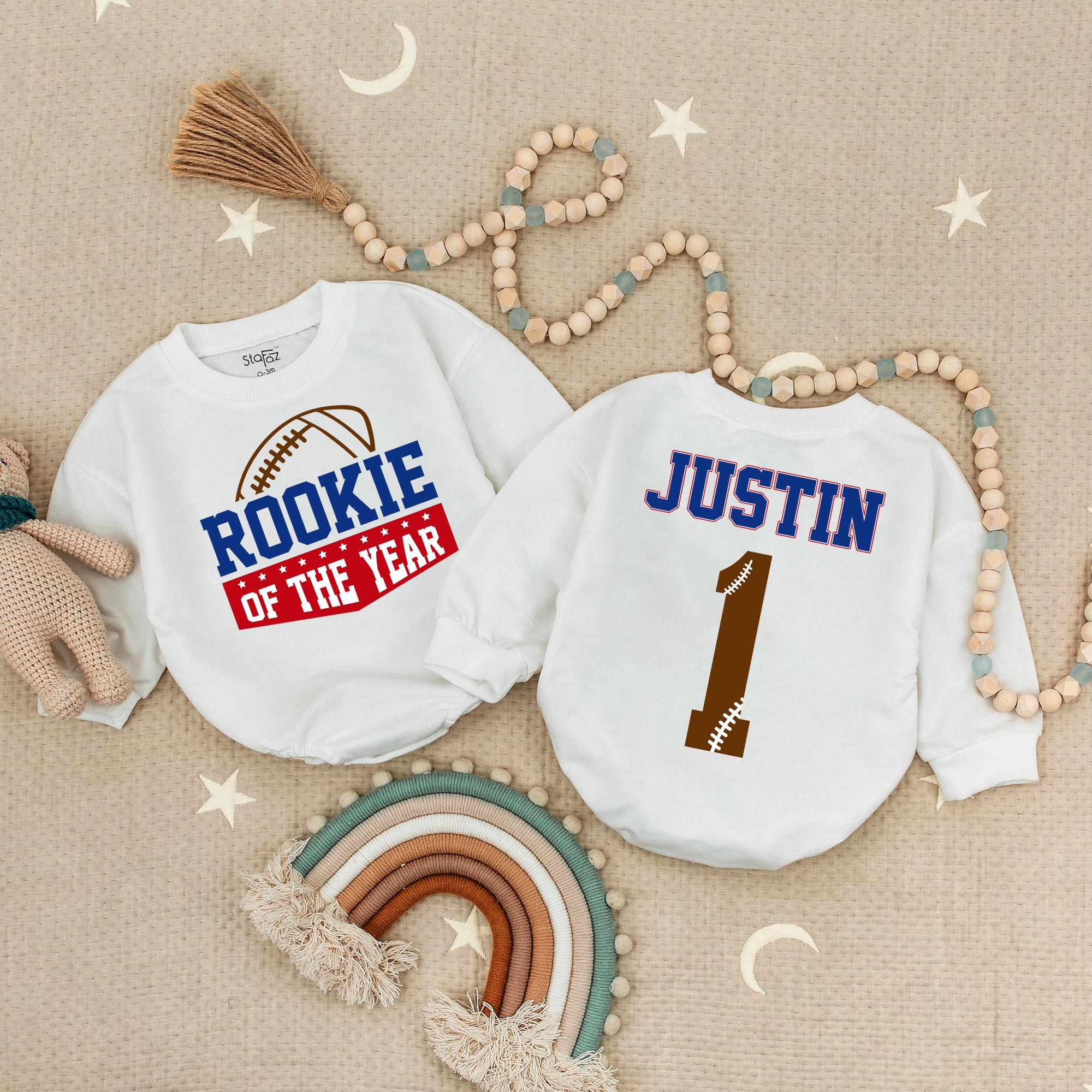 Rookie Of The Year Baby Romper Football Theme 1st Birthday Outfit Personalized Sports Design Cotton Soft Toddler Gift