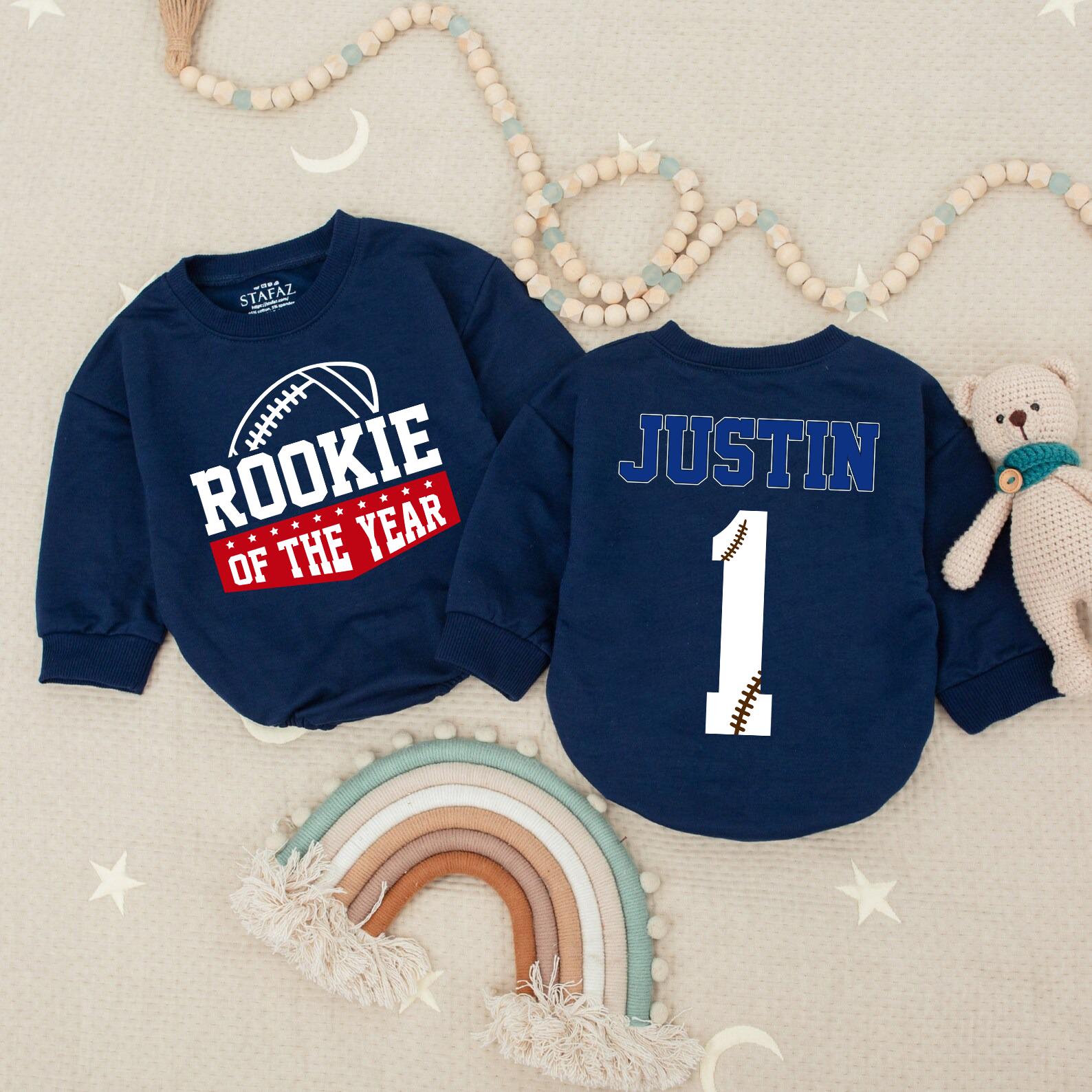 Rookie Of The Year Baby Romper Football Theme 1st Birthday Outfit Personalized Sports Design Cotton Soft Toddler Gift