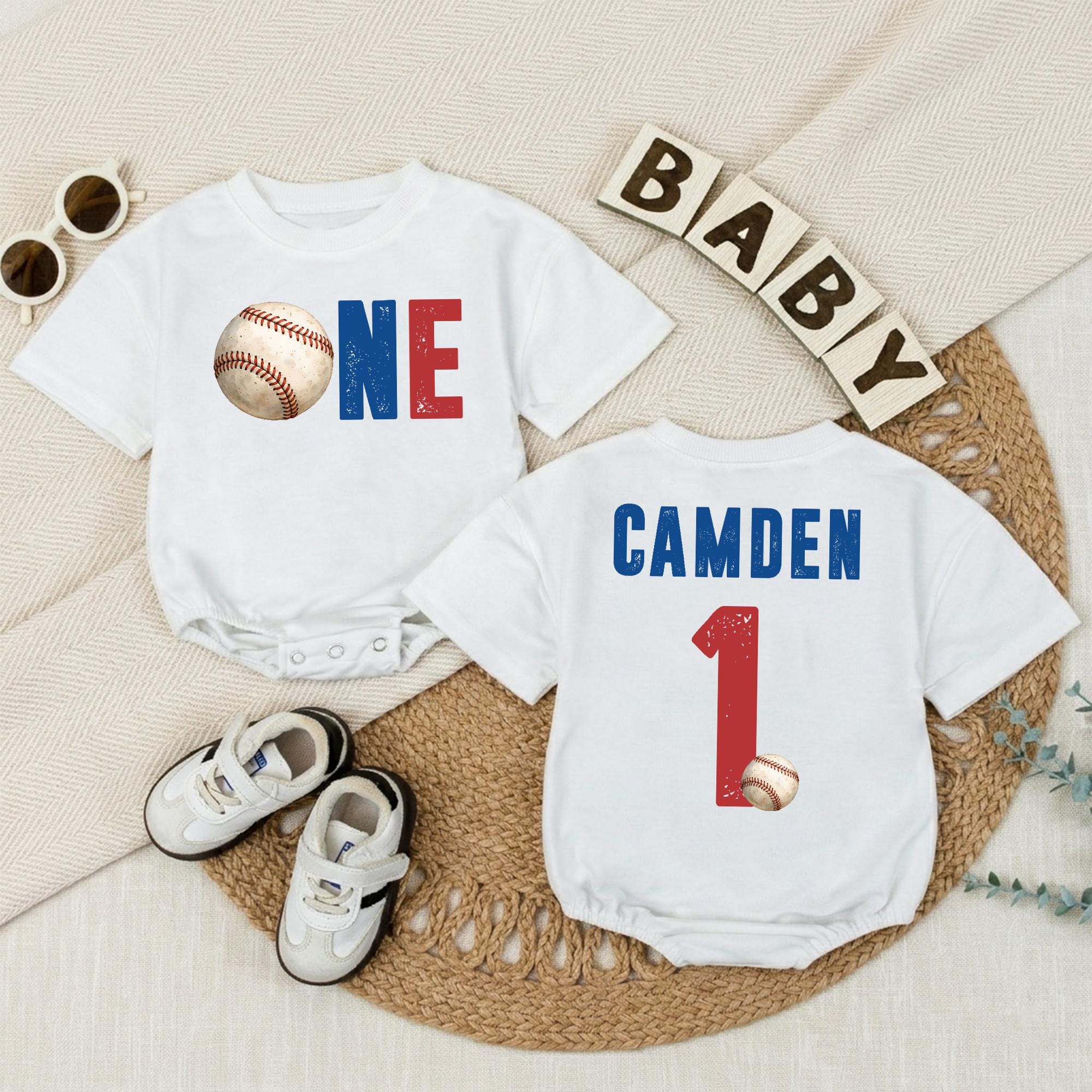 Rookie of the Year Baseball 1st Birthday Baby Romper with Custom Name, Cake Smash Outfit for Boys, Game Day Infant Clothes