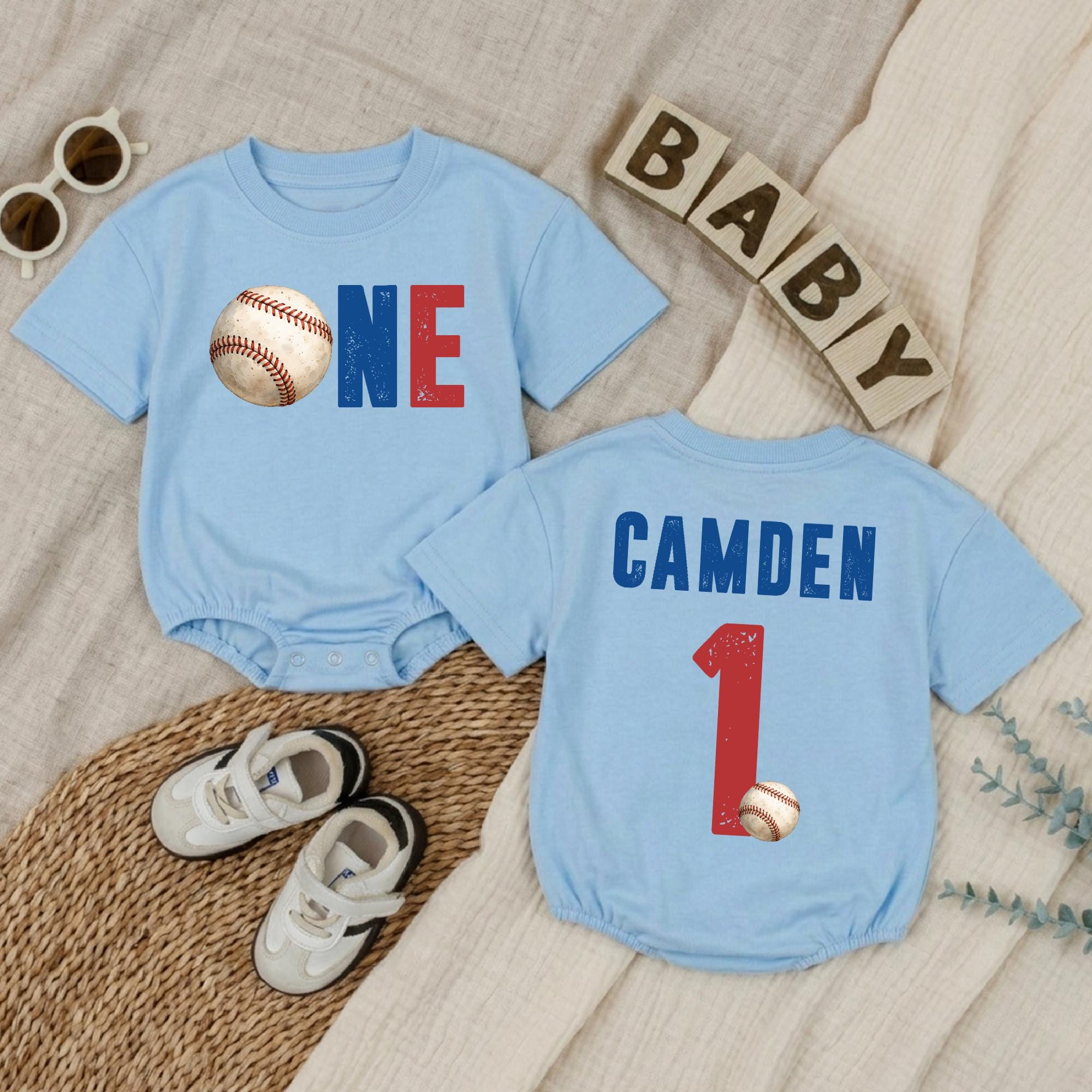 Rookie of the Year Baseball 1st Birthday Baby Romper with Custom Name, Cake Smash Outfit for Boys, Game Day Infant Clothes