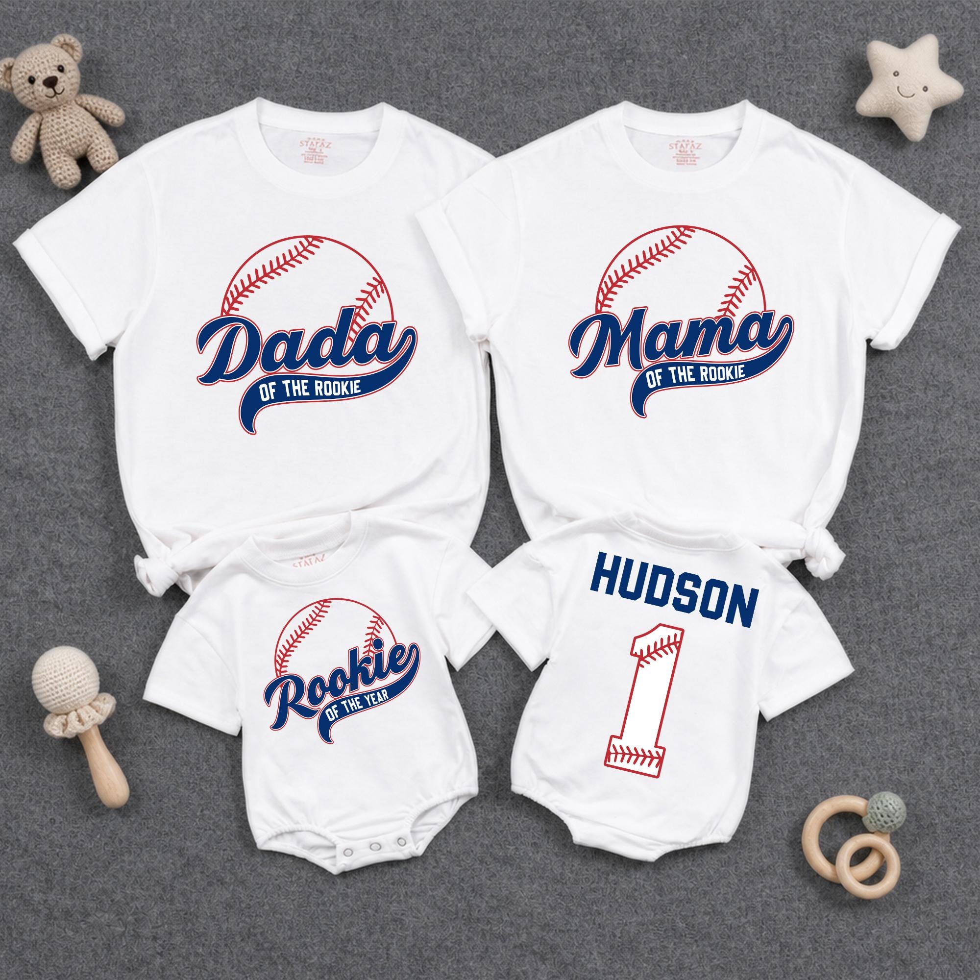 Rookie of the Year Baseball Family Matching Shirts with Custom Name, 1st Birthday Outfit for Baby, Mom, Dad, and Siblings