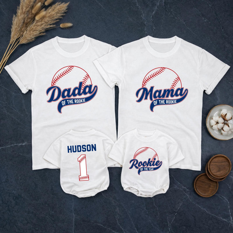 Rookie of the Year Baseball Family Matching Shirts with Custom Name, 1st Birthday Outfit for Baby, Mom, Dad, and Siblings