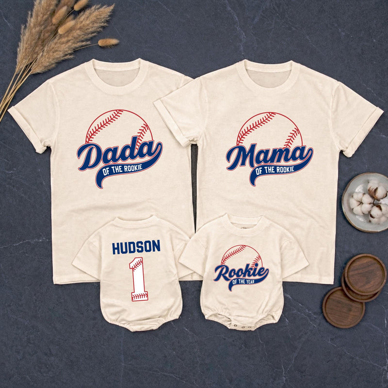 Rookie of the Year Baseball Family Matching Shirts with Custom Name, 1st Birthday Outfit for Baby, Mom, Dad, and Siblings