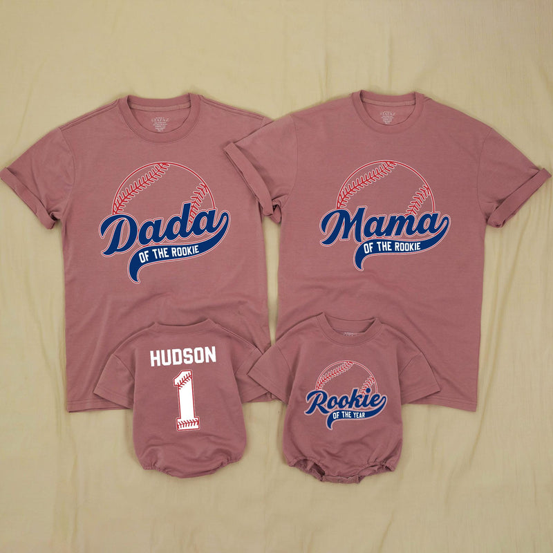 Rookie of the Year Baseball Family Matching Shirts with Custom Name, 1st Birthday Outfit for Baby, Mom, Dad, and Siblings