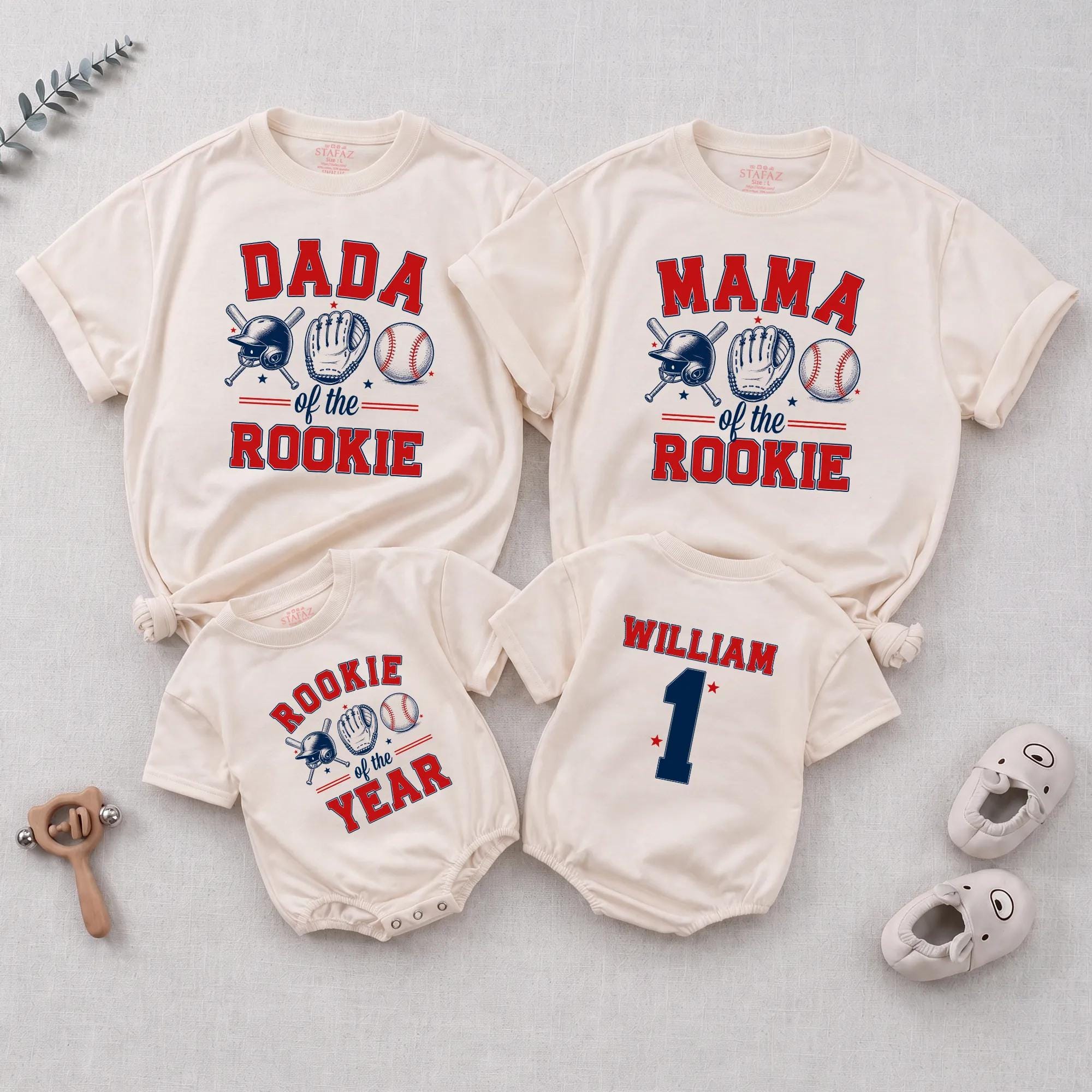 Rookie of the Year Family Shirts with Baseball Graphic, Custom Name Baby Romper, Mama & Dada Matching Game Day Outfits