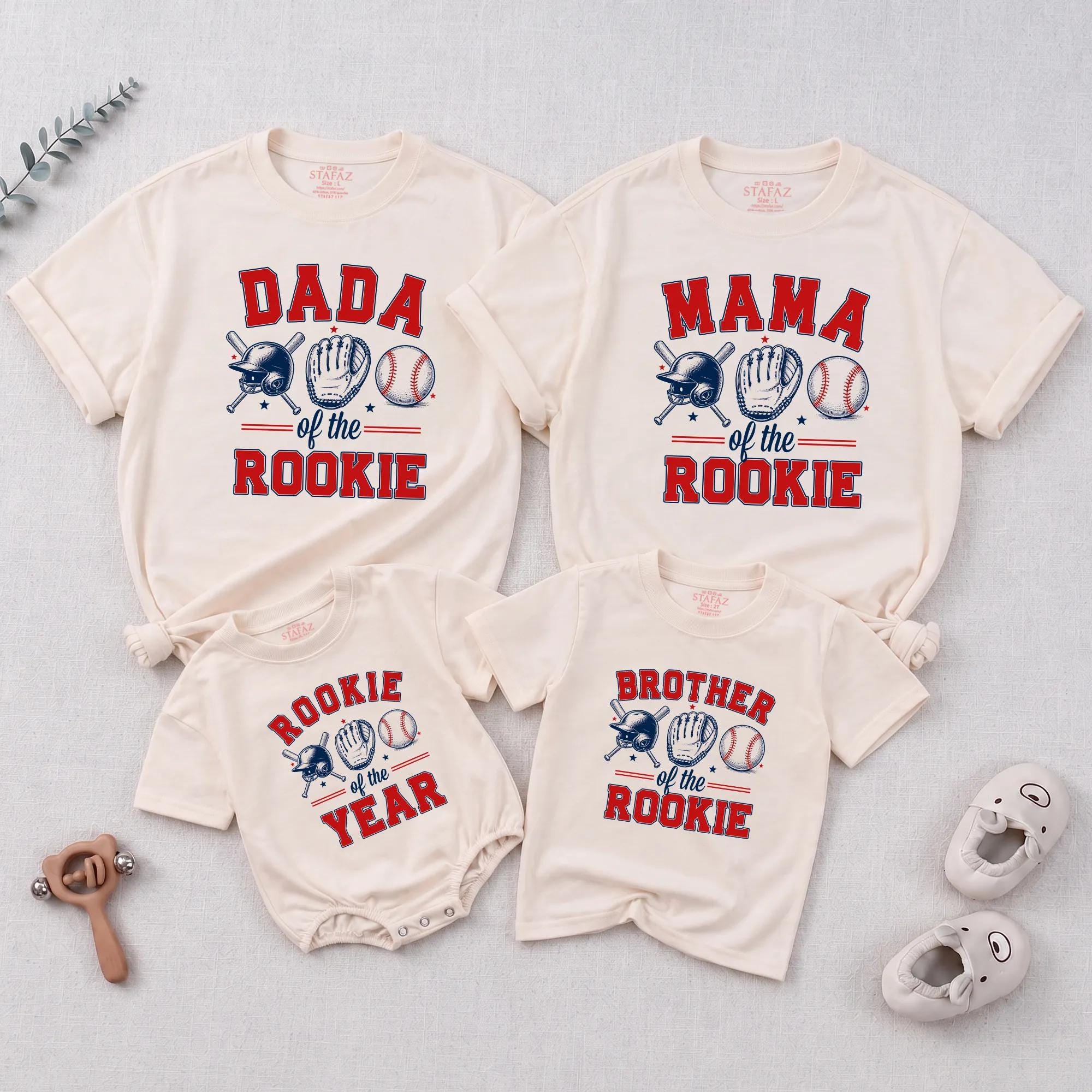 Rookie of the Year Family Shirts with Baseball Graphic, Custom Name Baby Romper, Mama & Dada Matching Game Day Outfits