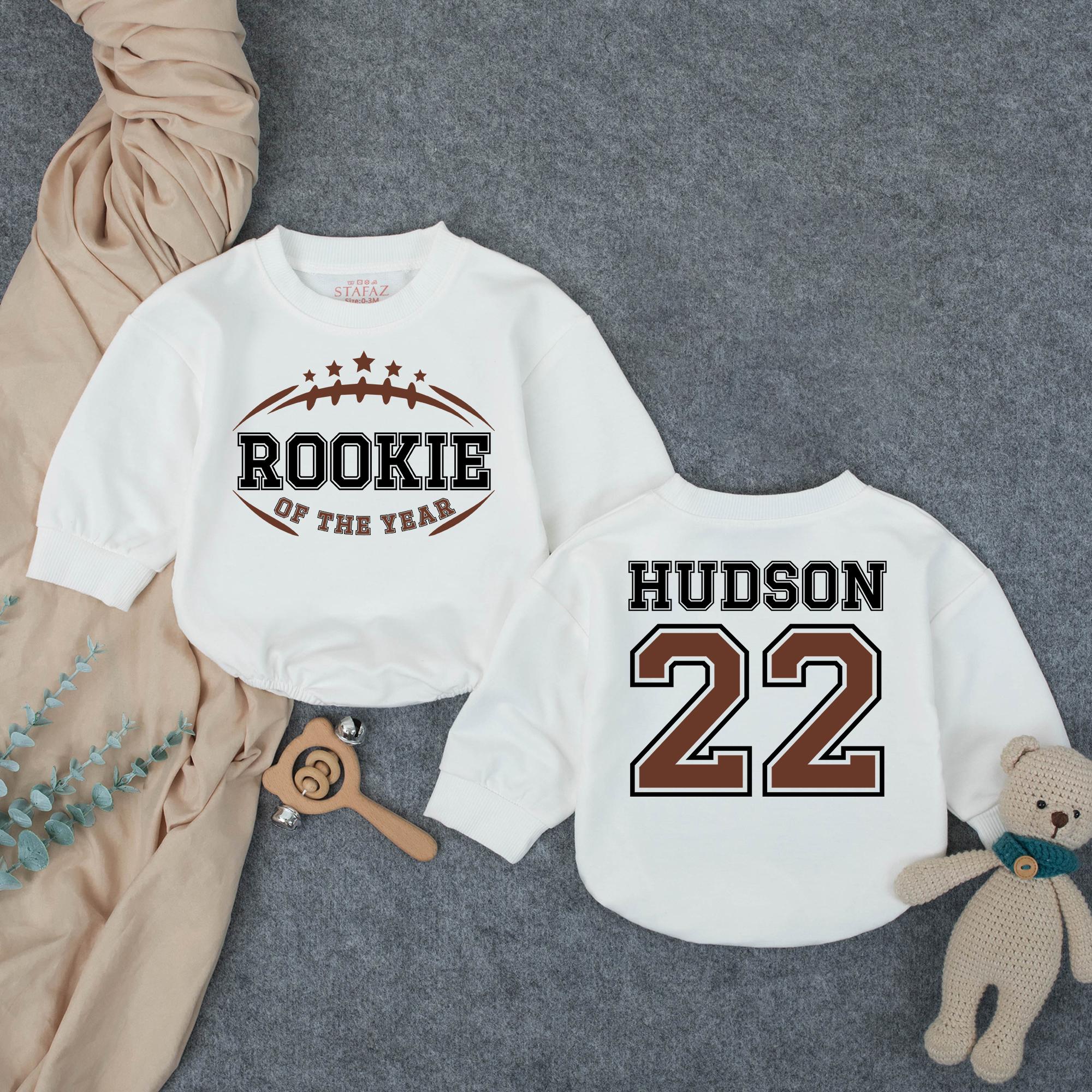 Rookie of the Year Football Baby Romper with Custom Name and Number, 1st Birthday Outfit for Boys, Personalized Milestone Gift