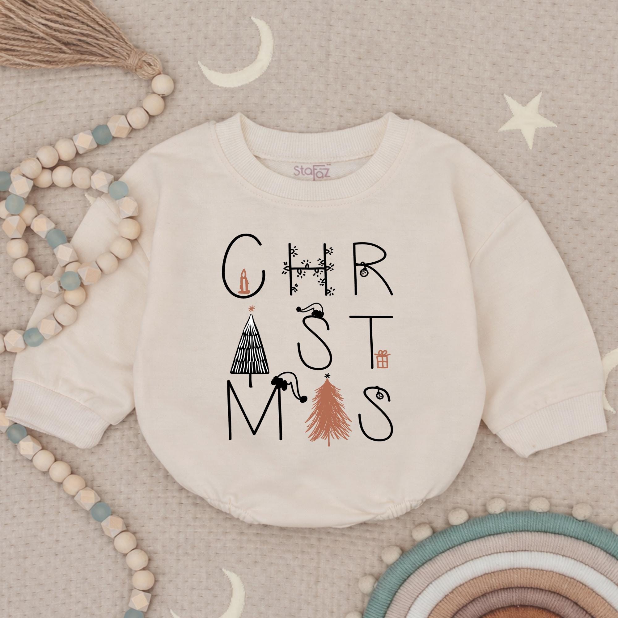 Rustic Christmas Baby Romper with Festive Holiday Artwork, Neutral Beige Infant Outfit for 1st Christmas, Cozy Baby Shower Gift