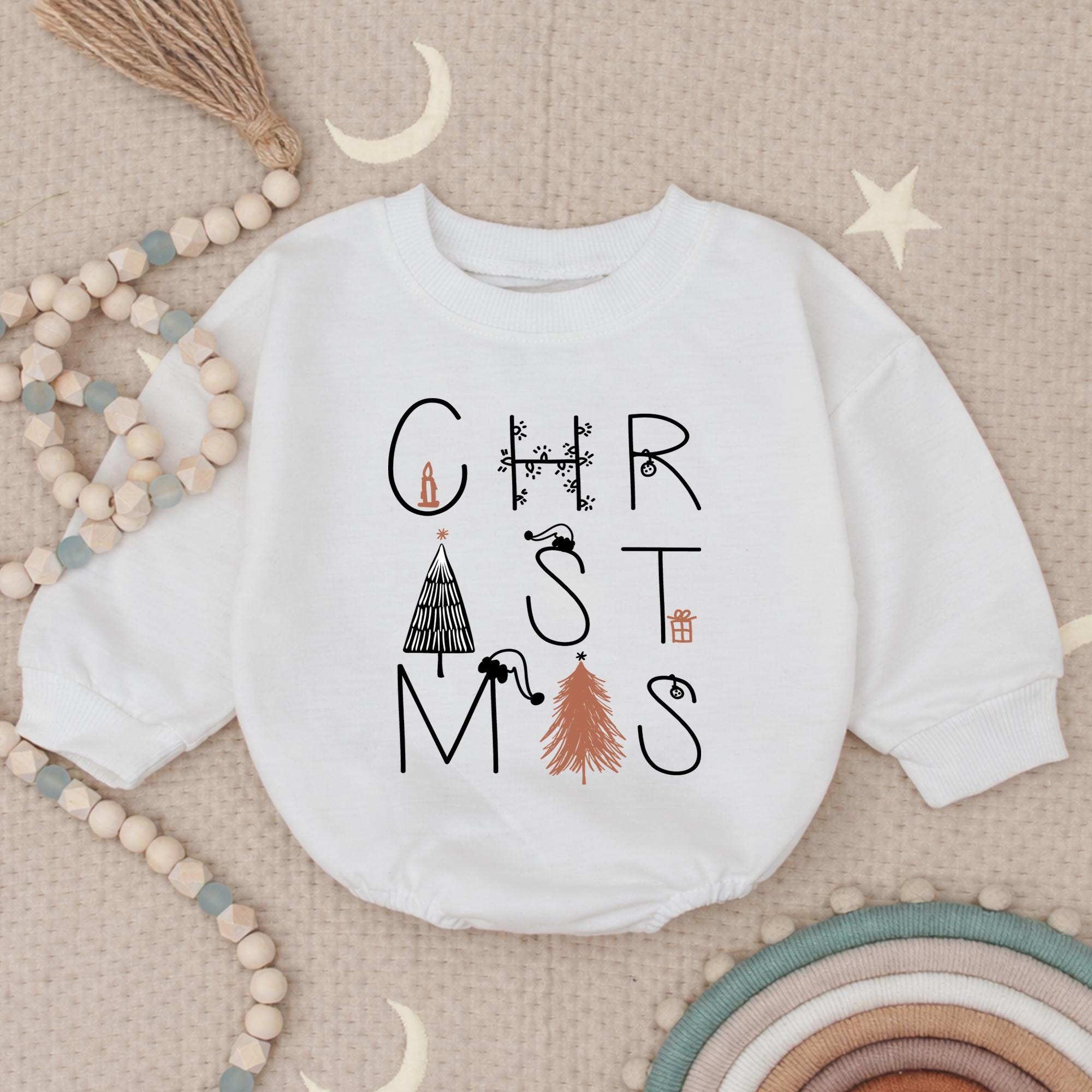 Rustic Christmas Baby Romper with Festive Holiday Artwork, Neutral Beige Infant Outfit for 1st Christmas, Cozy Baby Shower Gift