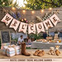 Rustic Western Welcome Banner for Cowboy Baby Shower Decor with Vintage Cream Pennants, Watercolor Boots Hats Wagon Wheels Floral Details