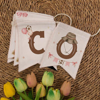 Rustic Western Welcome Banner for Cowboy Baby Shower Decor with Vintage Cream Pennants, Watercolor Boots Hats Wagon Wheels Floral Details
