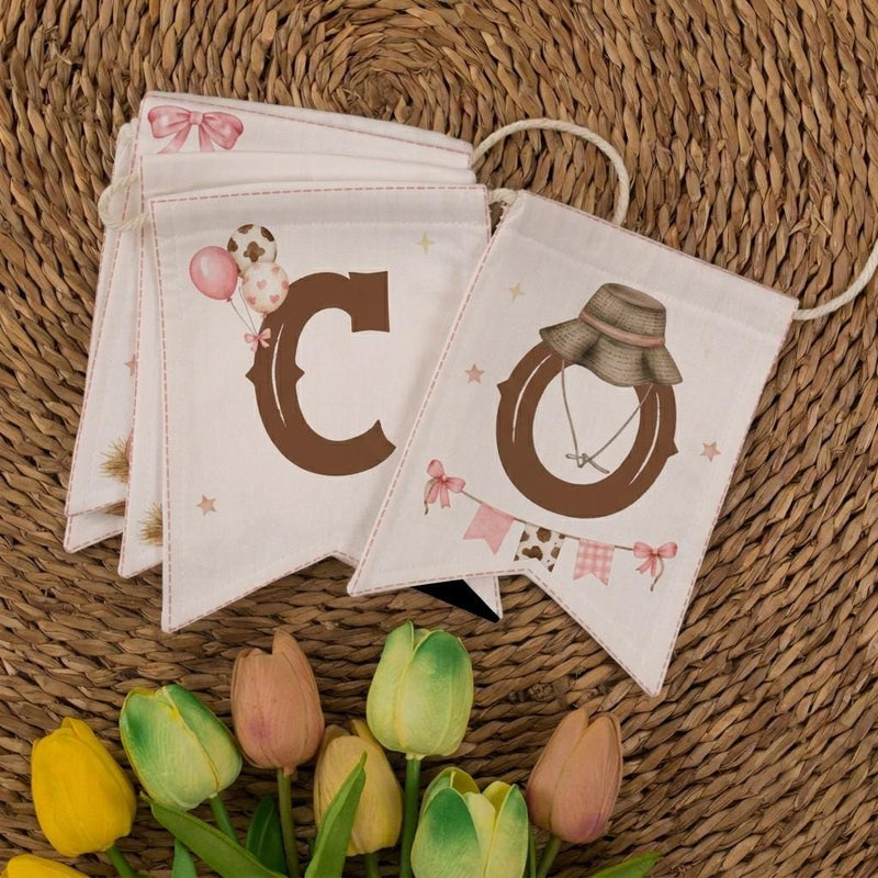 Rustic Western Welcome Banner for Cowboy Baby Shower Decor with Vintage Cream Pennants, Watercolor Boots Hats Wagon Wheels Floral Details