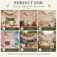Rustic Western Welcome Banner for Cowboy Baby Shower Decor with Vintage Cream Pennants, Watercolor Boots Hats Wagon Wheels Floral Details