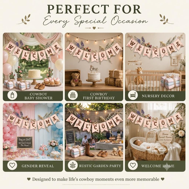 Rustic Western Welcome Banner for Cowboy Baby Shower Decor with Vintage Cream Pennants, Watercolor Boots Hats Wagon Wheels Floral Details