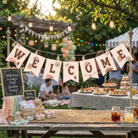 Rustic Western Welcome Banner for Cowboy Baby Shower Decor with Vintage Cream Pennants, Watercolor Boots Hats Wagon Wheels Floral Details