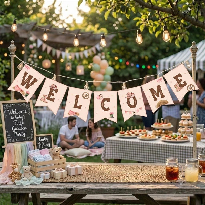 Rustic Western Welcome Banner for Cowboy Baby Shower Decor with Vintage Cream Pennants, Watercolor Boots Hats Wagon Wheels Floral Details