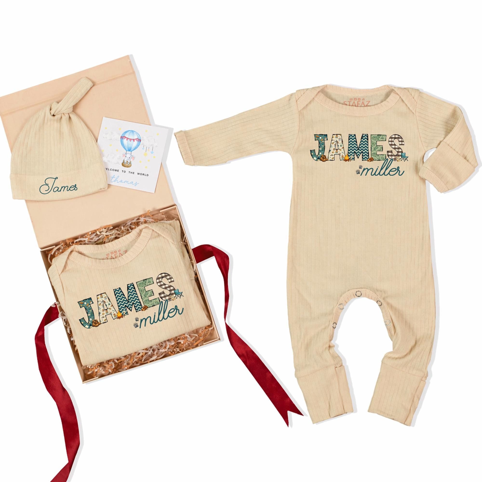 Rustic Woodland Baby Boy Bodysuit with Custom Name Hat, Newborn Hospital Coming Home Outfit, Beige Long Sleeve Set