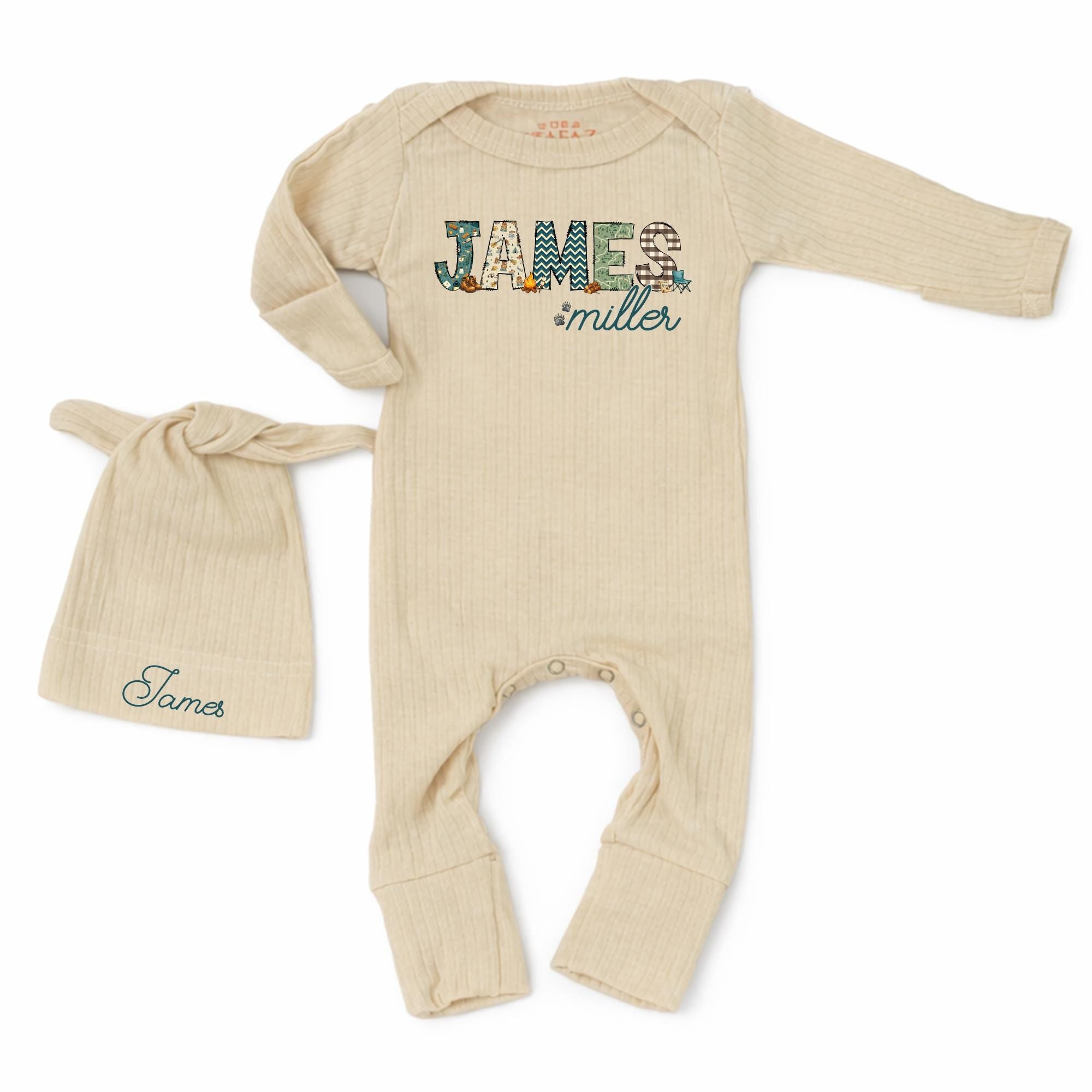 Rustic Woodland Baby Boy Bodysuit with Custom Name Hat, Newborn Hospital Coming Home Outfit, Beige Long Sleeve Set
