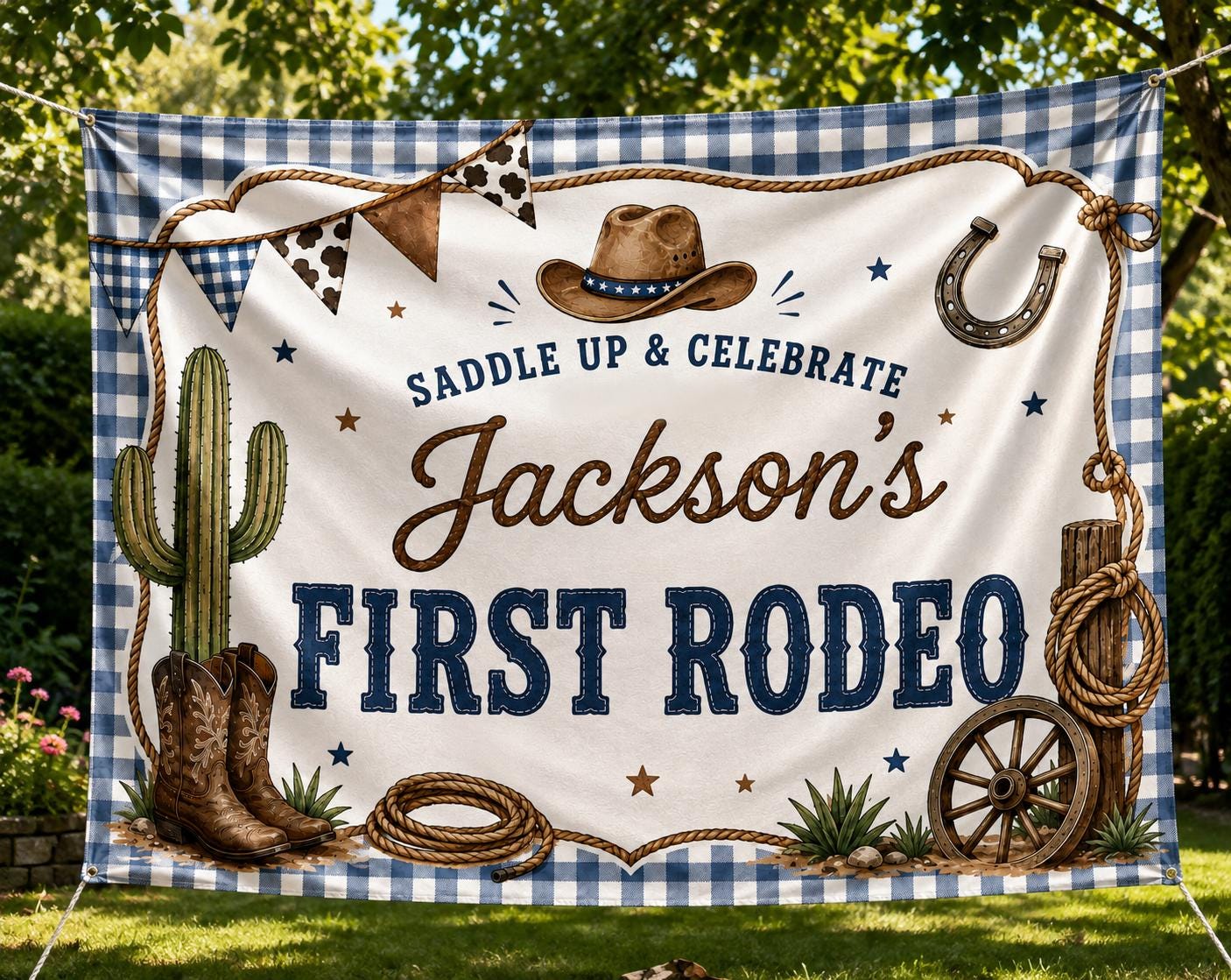 Saddle Up & Celebrate Jackson's First Rodeo Silk Banner with Cowboy Hat and Cactus Design, Personalized Name Birthday Party Decor