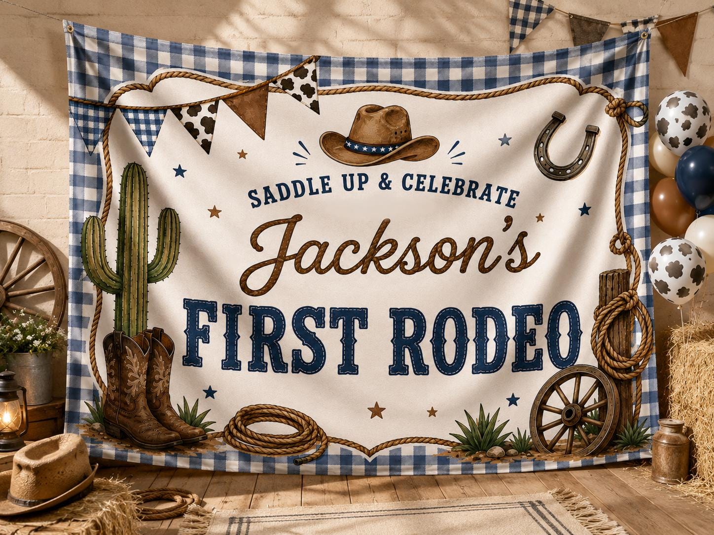 Saddle Up & Celebrate Jackson's First Rodeo Silk Banner with Cowboy Hat and Cactus Design, Personalized Name Birthday Party Decor