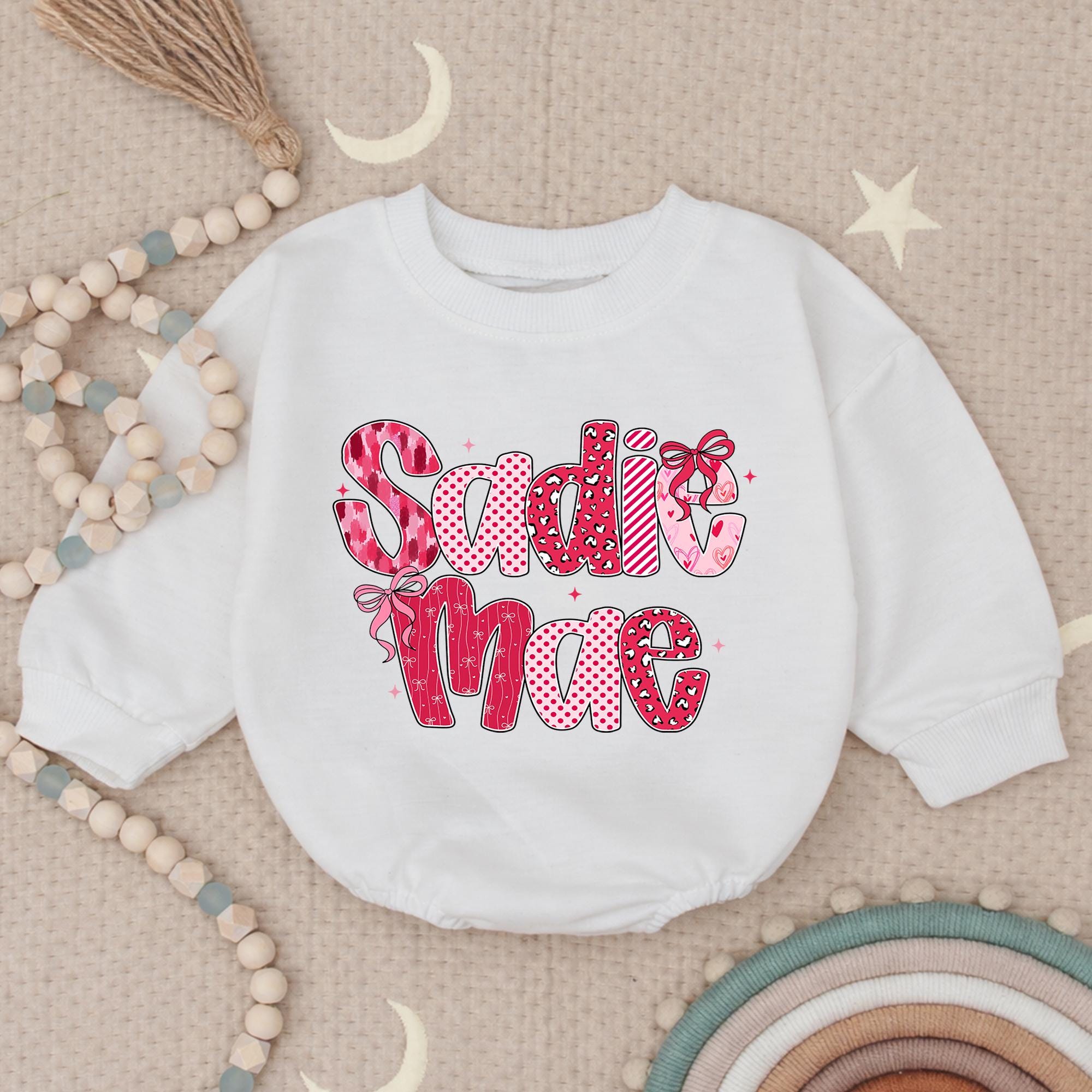 Sadie Mae Baby Girl Valentine Romper with Pink Bow Design, Custom Name Outfit for First Valentine, Cute Bubble Romper Gift