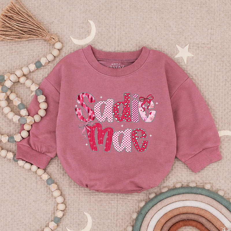 Sadie Mae Baby Girl Valentine Romper with Pink Bow Design, Custom Name Outfit for First Valentine, Cute Bubble Romper Gift