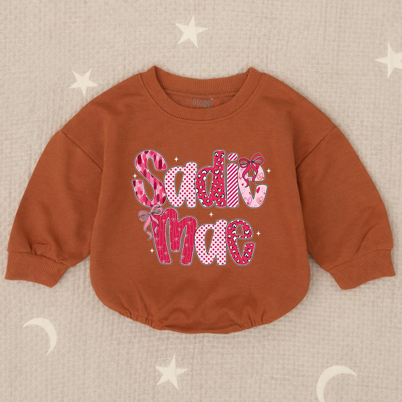 Sadie Mae Baby Girl Valentine Romper with Pink Bow Design, Custom Name Outfit for First Valentine, Cute Bubble Romper Gift
