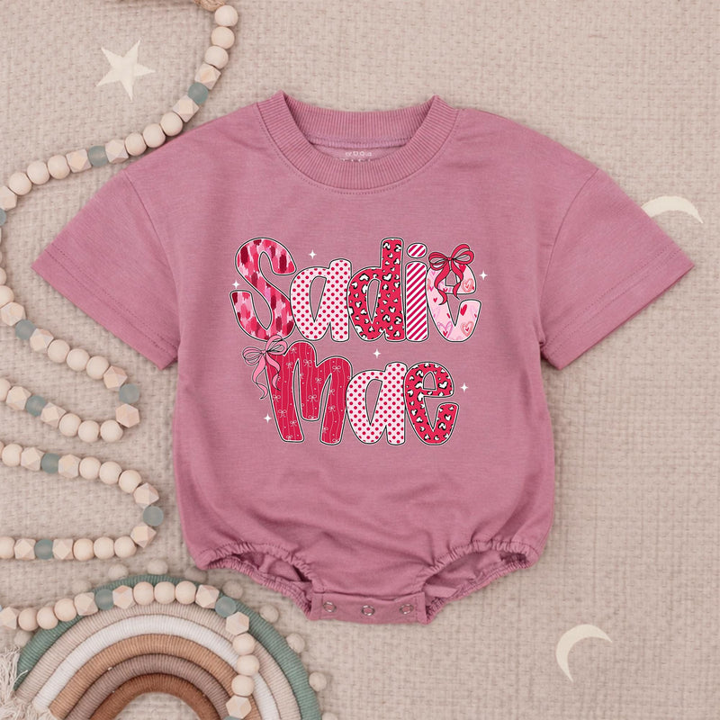 Sadie Mae Baby Girl Valentine Romper with Pink Bow Design, Custom Name Outfit for First Valentine, Cute Bubble Romper Gift