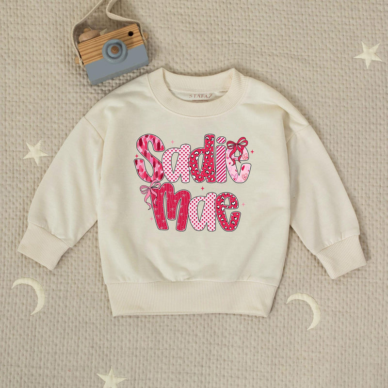 Sadie Mae Baby Girl Valentine Romper with Pink Bow Design, Custom Name Outfit for First Valentine, Cute Bubble Romper Gift
