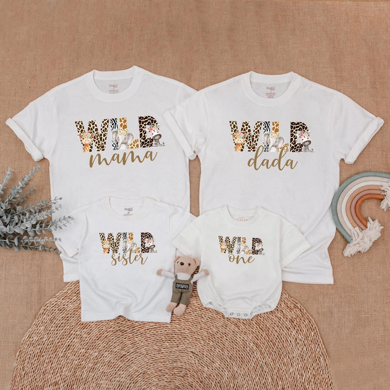 Safari Wild One Birthday Shirt for Baby, Toddler Matching Family Outfit with Animal Prints, Custom Name First Birthday Party Gift