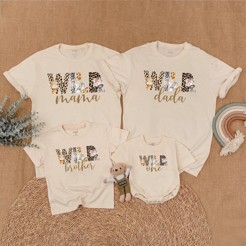 Safari Wild One Birthday Shirt for Baby, Toddler Matching Family Outfit with Animal Prints, Custom Name First Birthday Party Gift