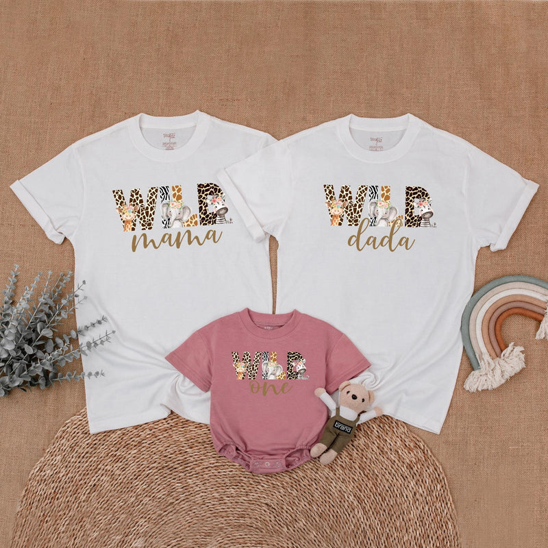 Safari Wild One Birthday Shirt for Baby, Toddler Matching Family Outfit with Animal Prints, Custom Name First Birthday Party Gift