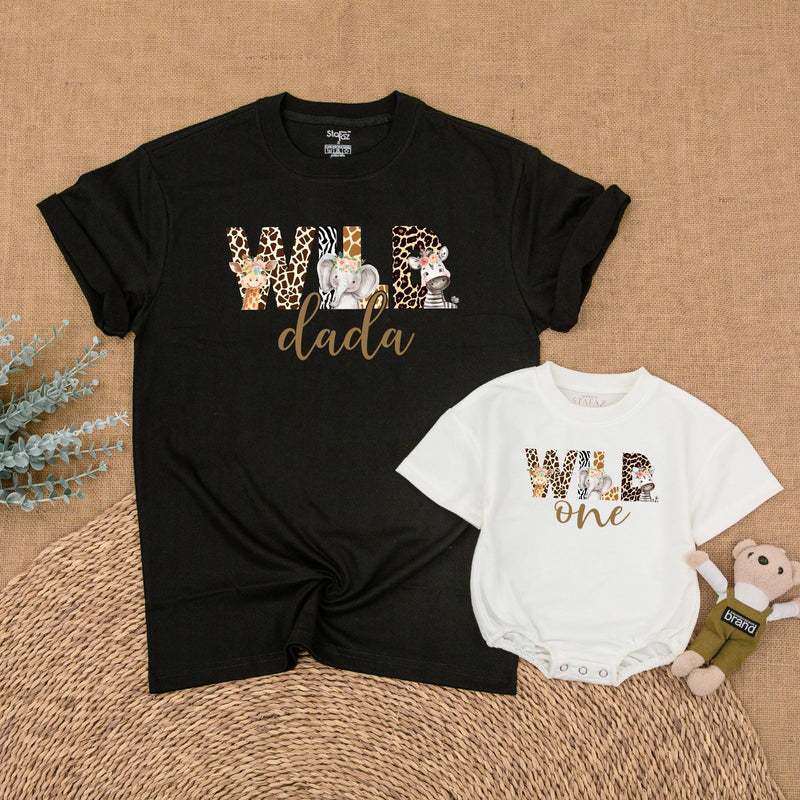 Safari Wild One Birthday Shirt for Baby, Toddler Matching Family Outfit with Animal Prints, Custom Name First Birthday Party Gift